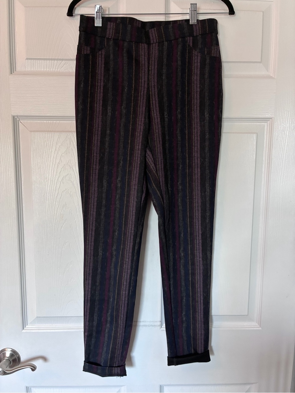 Tribal Women's Black Pants with Burgundy & Gray Vertical Stripes